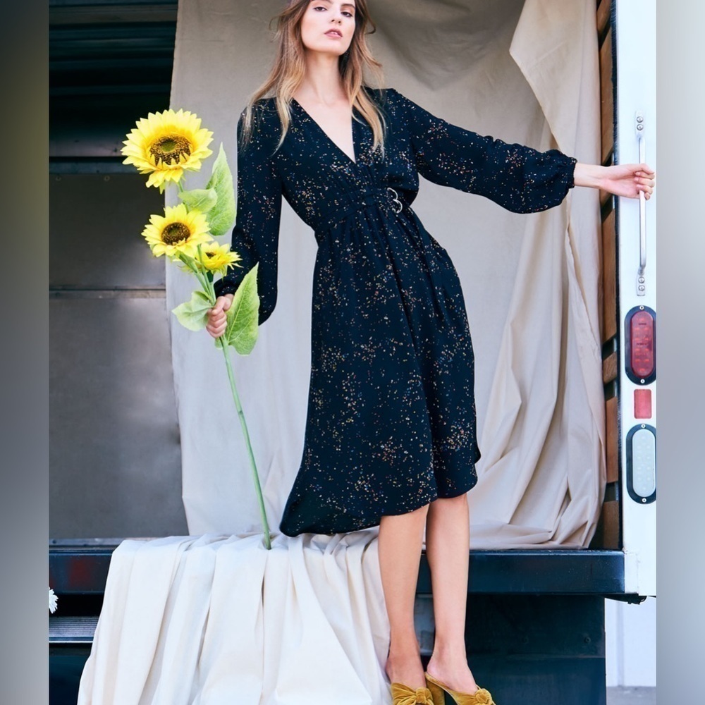 A.L.C. Samantha Deep-V Long-Sleeve Silk Midi Dress Black Speckled Print Size 2